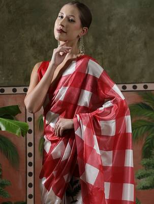 Red ready to wear satin floral digital printed saree 4