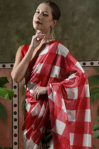Red ready to wear satin floral digital printed saree