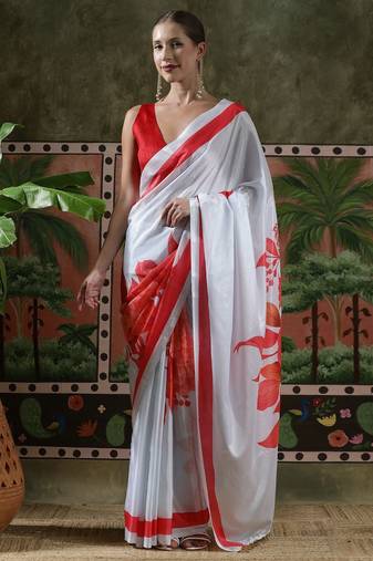 White ready to wear satin floral digital printed saree