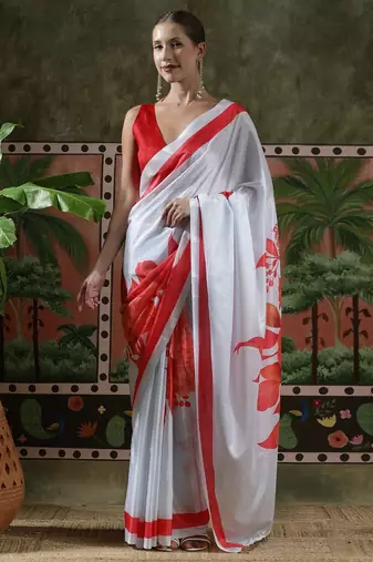 White ready to wear satin floral digital printed saree