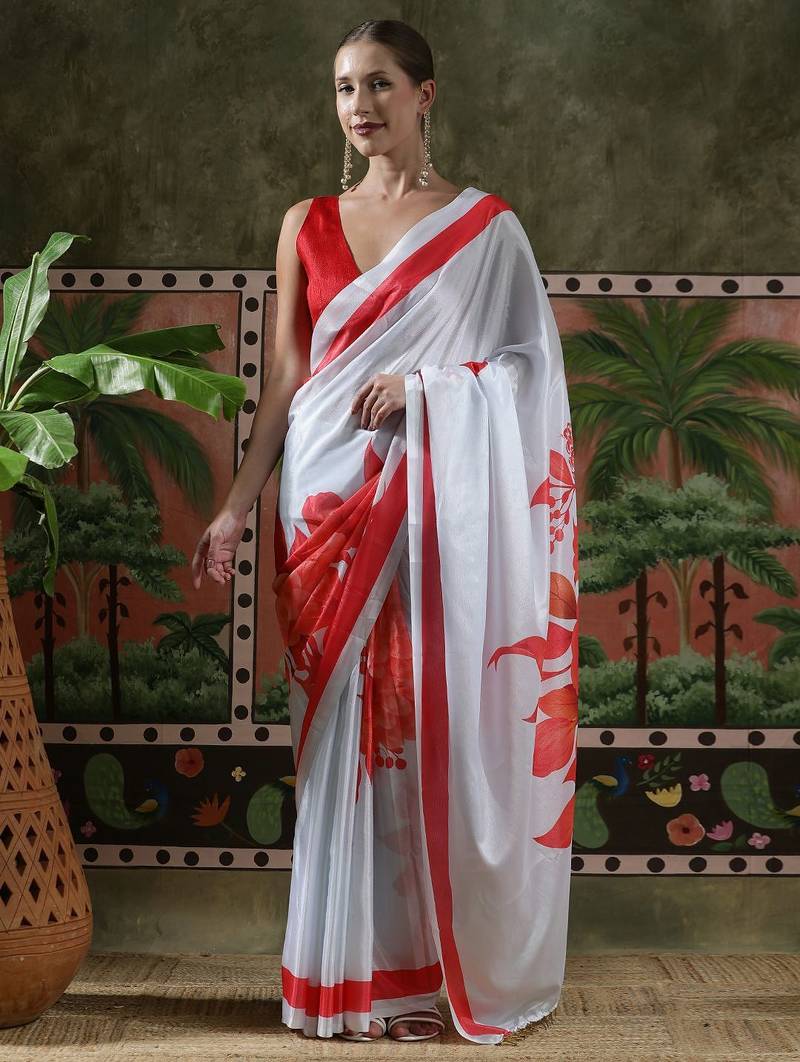 White ready to wear satin floral digital printed saree