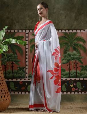 White ready to wear satin floral digital printed saree 2