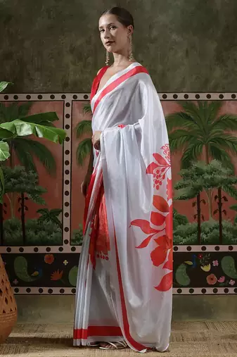 White ready to wear satin floral digital printed saree