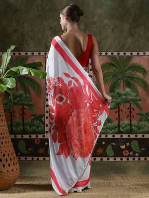 White ready to wear satin floral digital printed saree 3