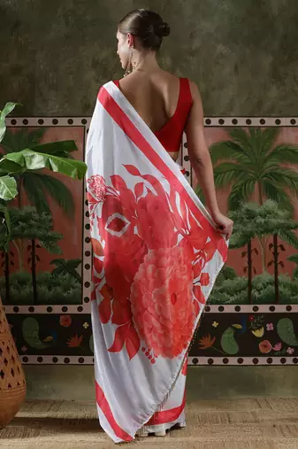White ready to wear satin floral digital printed saree