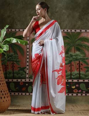 White ready to wear satin floral digital printed saree 4