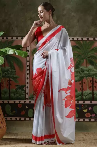 White ready to wear satin floral digital printed saree