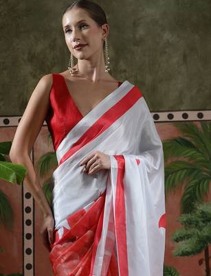 White ready to wear satin floral digital printed saree 5