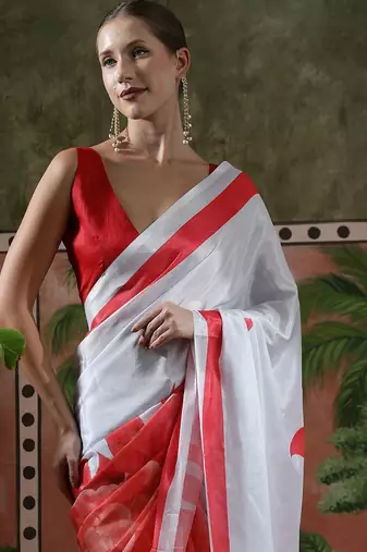 White ready to wear satin floral digital printed saree