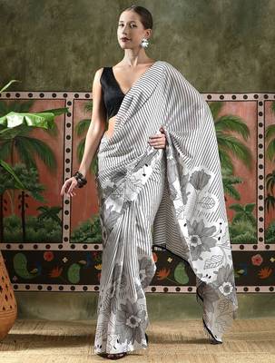 White ready to wear satin floral digital printed saree 1