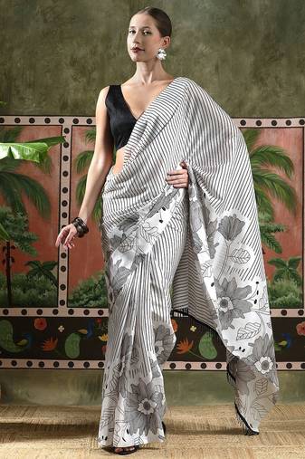 White ready to wear satin floral digital printed saree