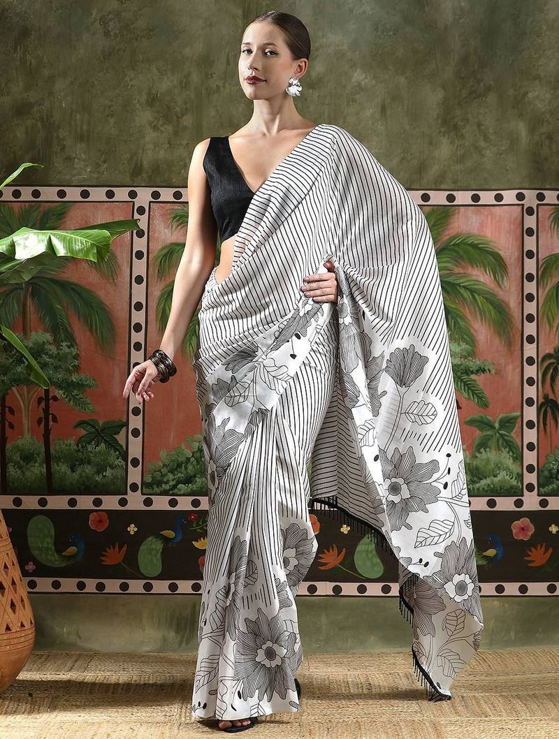 White ready to wear satin floral digital printed saree