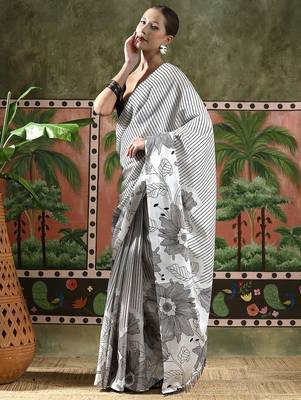 White ready to wear satin floral digital printed saree 2