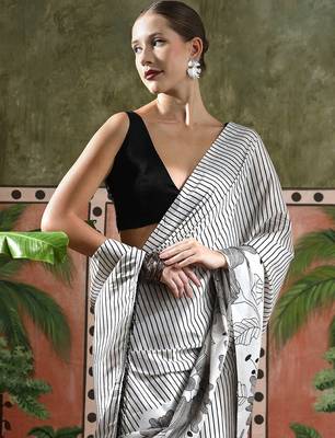 White ready to wear satin floral digital printed saree 4