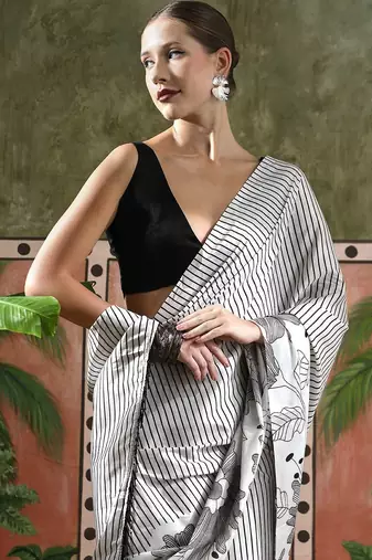 White ready to wear satin floral digital printed saree