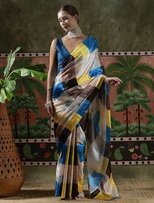 Yellow ready to wear satin floral digital printed saree 1