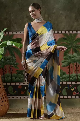 Yellow ready to wear satin floral digital printed saree