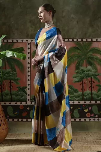 Yellow ready to wear satin floral digital printed saree