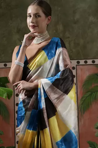 Yellow ready to wear satin floral digital printed saree