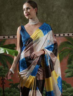 Yellow ready to wear satin floral digital printed saree 5