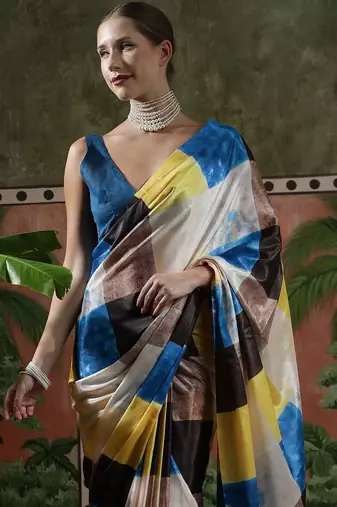 Yellow ready to wear satin floral digital printed saree