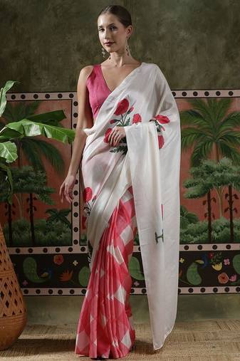 White ready to wear satin floral digital printed saree