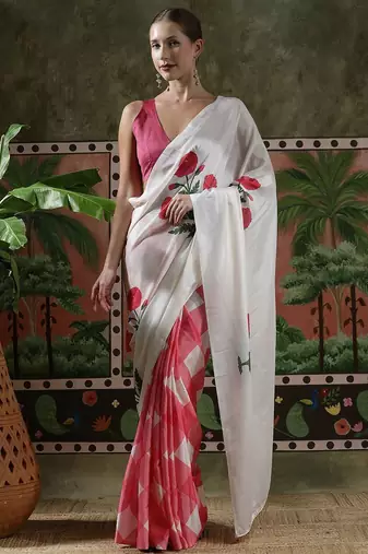 White ready to wear satin floral digital printed saree