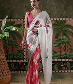 White ready to wear satin floral digital printed saree