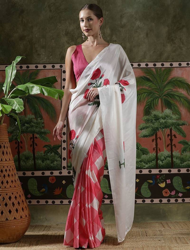 White ready to wear satin floral digital printed saree