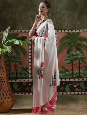 White ready to wear satin floral digital printed saree 2