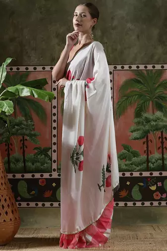 White ready to wear satin floral digital printed saree