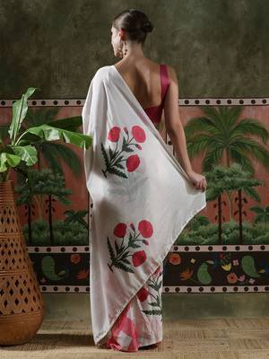 White ready to wear satin floral digital printed saree 3