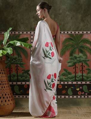 White ready to wear satin floral digital printed saree 4