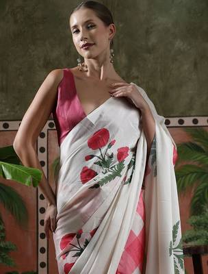 White ready to wear satin floral digital printed saree 5