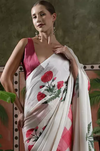 White ready to wear satin floral digital printed saree
