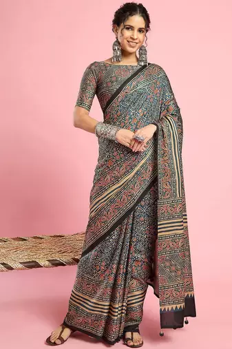 Teal ethnic printed saree with blouse piece