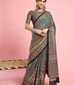 Teal ethnic printed saree with blouse piece