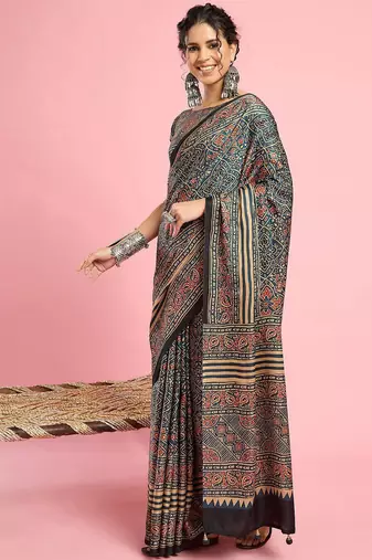 Teal ethnic printed saree with blouse piece