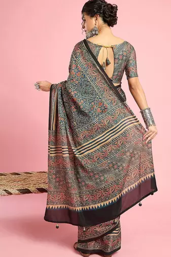 Teal ethnic printed saree with blouse piece