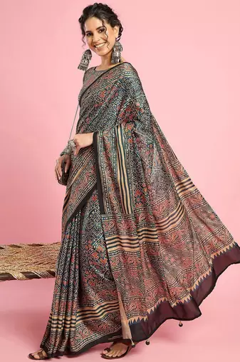 Teal ethnic printed saree with blouse piece