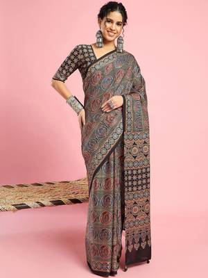 Black ethnic printed saree with blouse piece 2