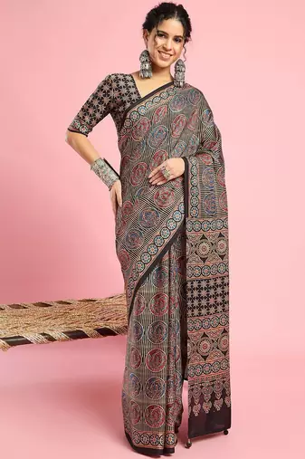 Black ethnic printed saree with blouse piece