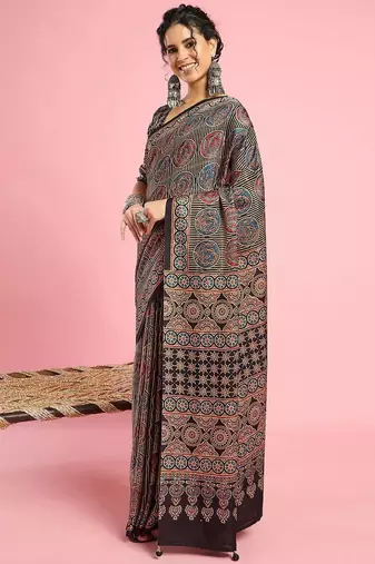 Black ethnic printed saree with blouse piece