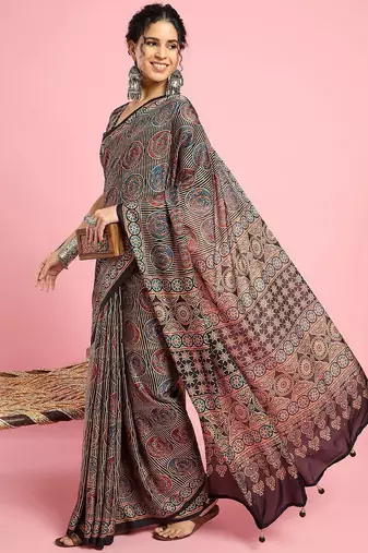 Black ethnic printed saree with blouse piece