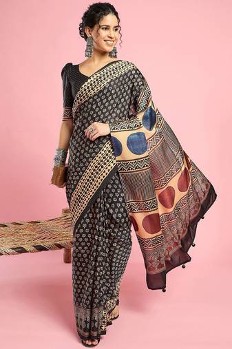 Black ethnic printed saree with blouse piece