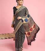 Black ethnic printed saree with blouse piece