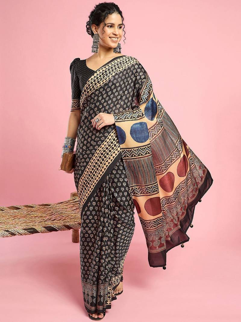 Black ethnic printed saree with blouse piece