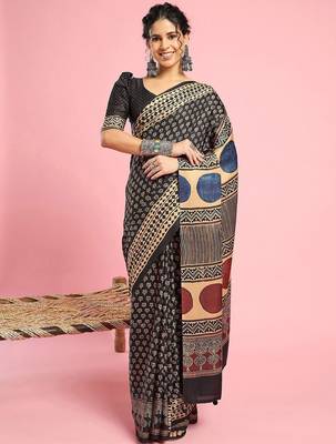 Black ethnic printed saree with blouse piece 2