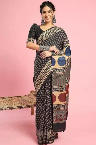 Black ethnic printed saree with blouse piece