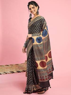 Black ethnic printed saree with blouse piece 3